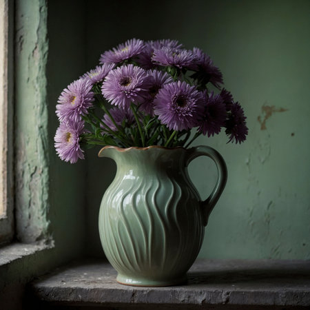 An arrangement of asters in a curved vase on a windowsill, set against a weathered wall with peeling paint.の素材