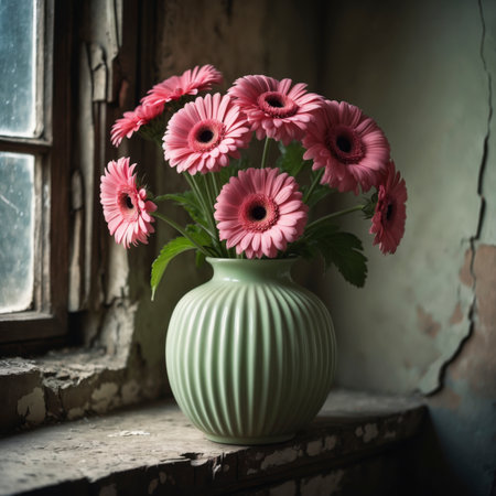 An arrangement of gerberas in a vase on a windowsill, set against a weathered wall with peeling plaster.の素材