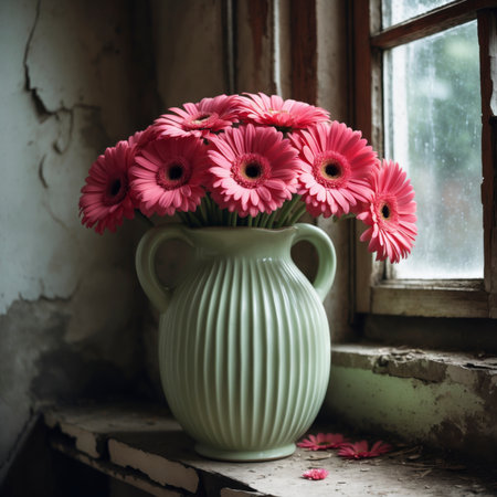 An arrangement of gerberas in a vase on a windowsill, set against a weathered wall with peeling plaster.の素材
