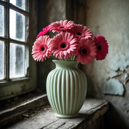An arrangement of gerberas in a vase on a windowsill, set against a weathered wall with peeling plaster.の素材