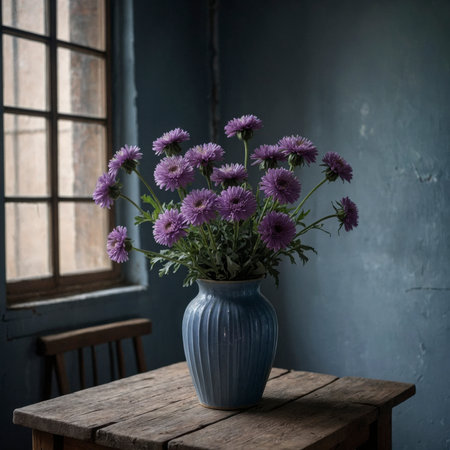 An arrangement of asters in a vase on a wooden table, placed by a window and set against a plain wall.の素材