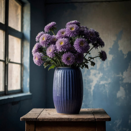An arrangement of asters in a vase on a wooden table, placed by a window and set against a plain wall.の素材