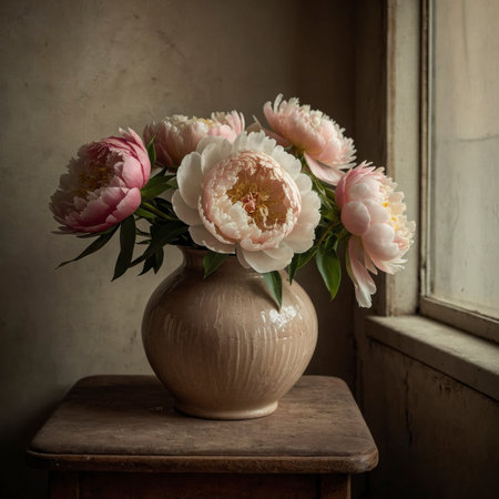 An arrangement of peonies in a rustic jug, placed on an old wooden table against a plain wall.の素材