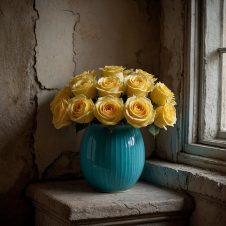 An arrangement of roses in a colorful vase on a windowsill, set against a weathered wall with peeling plaster.の素材