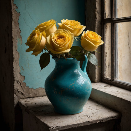 An arrangement of roses in a colorful vase on a windowsill, set against a weathered wall with peeling plaster.の素材