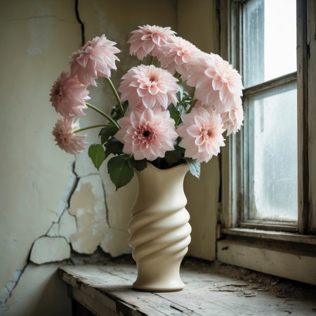 An arrangement of dahlias in a rustic jug, placed on a windowsill against a weathered wall.の素材