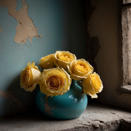 An arrangement of roses in a colorful vase on a windowsill, set against a weathered wall with peeling plaster.の素材