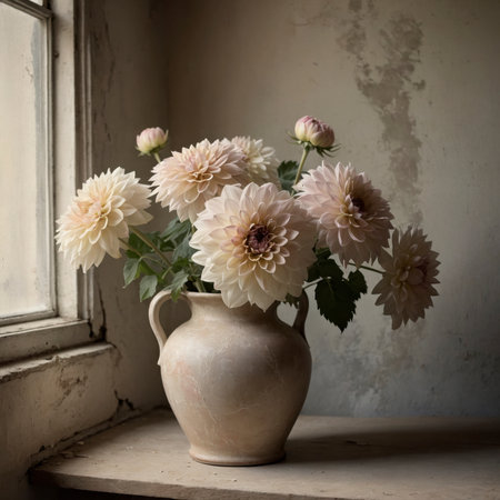 An arrangement of dahlias in a rustic jug, placed on a windowsill against a weathered wall.の素材