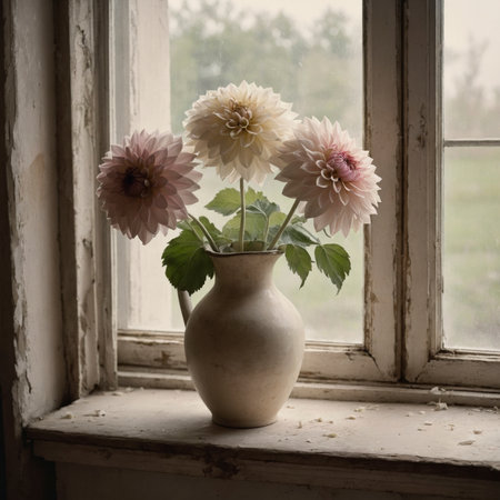 An arrangement of dahlias in a rustic jug, placed on a windowsill against a weathered wall.の素材