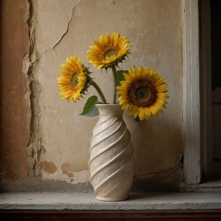 An arrangement of sunflowers in a vase, placed on a windowsill against a weathered wall.の素材