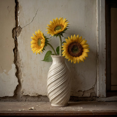 An arrangement of sunflowers in a vase, placed on a windowsill against a weathered wall.の素材