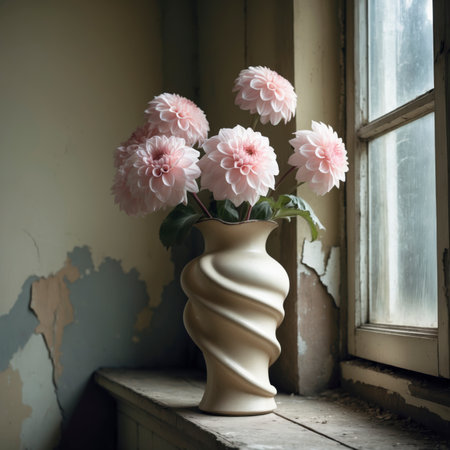An arrangement of dahlias in a rustic jug, placed on a windowsill against a weathered wall.の素材