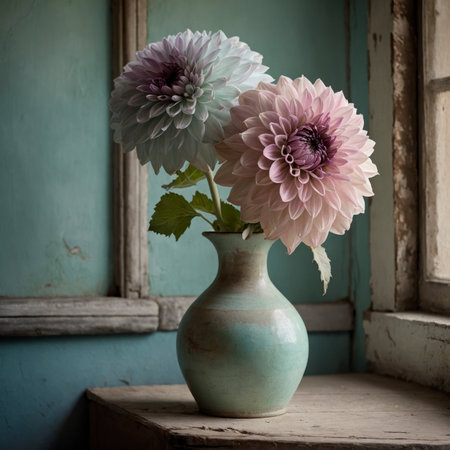 An arrangement of dahlias in a vase on an old table, placed by a window against a weathered wall.の素材