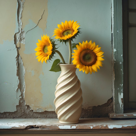 An arrangement of sunflowers in a vase, placed on a windowsill against a weathered wall.の素材