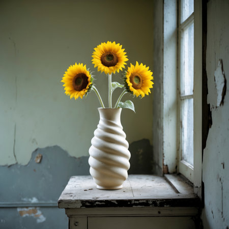 An arrangement of sunflowers in a vase, placed on a windowsill against a weathered wall.の素材
