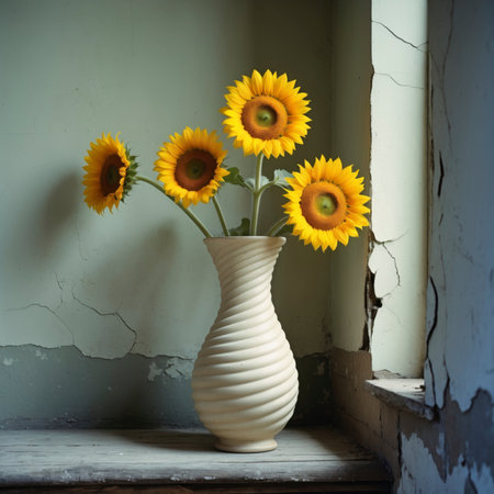 An arrangement of sunflowers in a vase, placed on a windowsill against a weathered wall.の素材