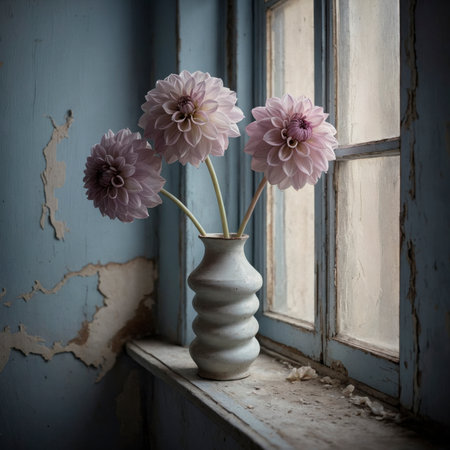 An arrangement of dahlias in a spiral vase on a windowsill, set against a blue weathered wall.の素材