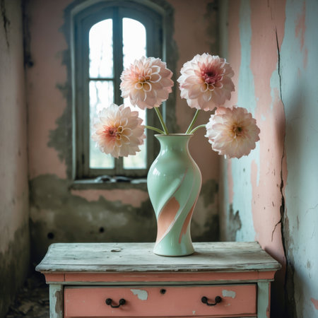 An arrangement of dahlias in a vase on an old cabinet, placed by a window against a peeling wall.の素材
