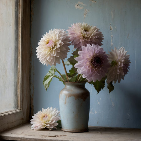 An arrangement of dahlias in a spiral vase on a windowsill, set against a blue weathered wall.の素材