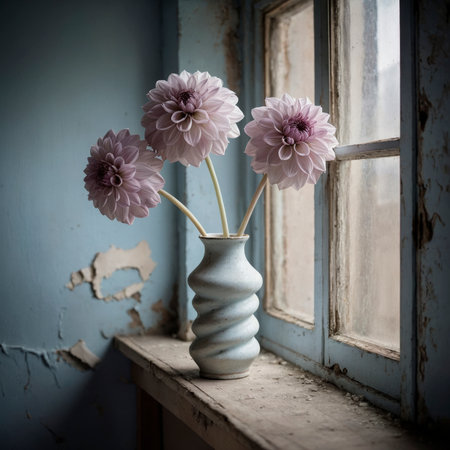An arrangement of dahlias in a spiral vase on a windowsill, set against a blue weathered wall.の素材