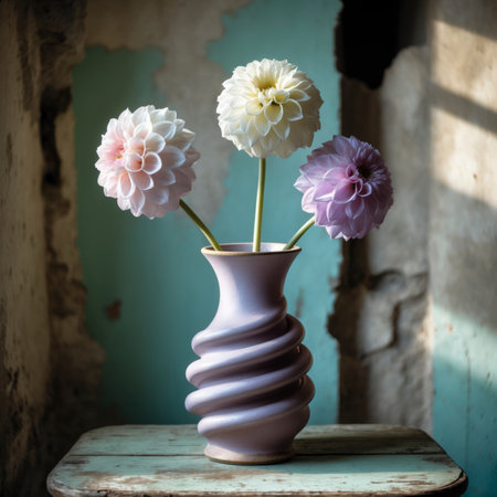 An arrangement of dahlias in a vase on an old table, placed by a window against a weathered wall.の素材
