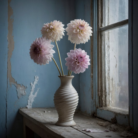 An arrangement of dahlias in a spiral vase on a windowsill, set against a blue weathered wall.の素材