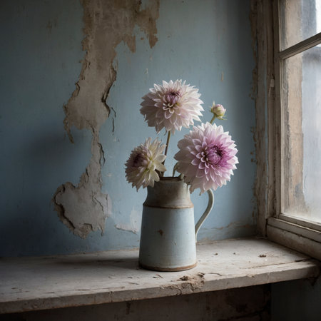 An arrangement of dahlias in a spiral vase on a windowsill, set against a blue weathered wall.の素材