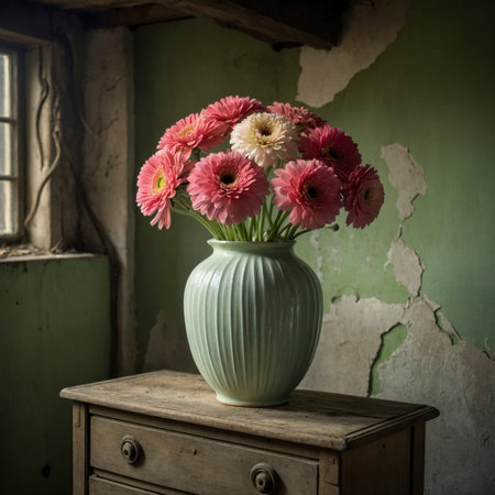 An arrangement of gerberas in a vase on an old cabinet, placed by a window and set against a cracked wall.の素材