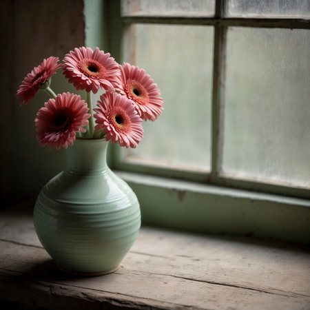 An arrangement of gerberas in a vase on a windowsill, set against a weathered wall with peeling plaster.の素材