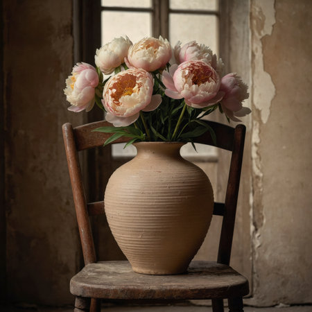 An arrangement of peonies in a vase on an old chair, placed by a window against a weathered wall.の素材