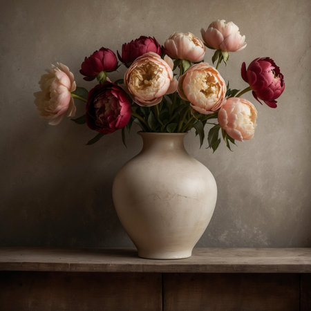 An arrangement of peonies in a rustic jug, placed on an old wooden table against a plain wall.の素材