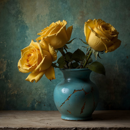 An arrangement of roses in a colorful vase on a windowsill, set against a weathered wall with peeling plaster.の素材