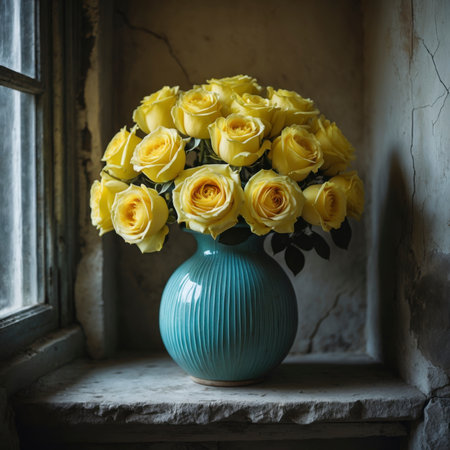 An arrangement of roses in a colorful vase on a windowsill, set against a weathered wall with peeling plaster.の素材
