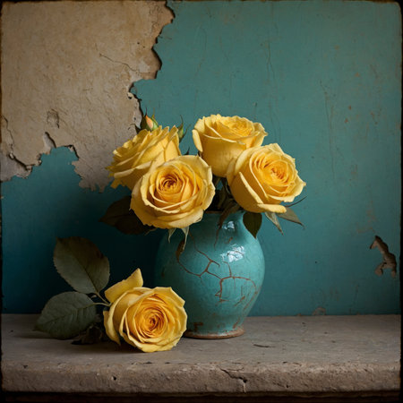 An arrangement of roses in a colorful vase on a windowsill, set against a weathered wall with peeling plaster.の素材