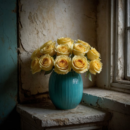 An arrangement of roses in a colorful vase on a windowsill, set against a weathered wall with peeling plaster.の素材