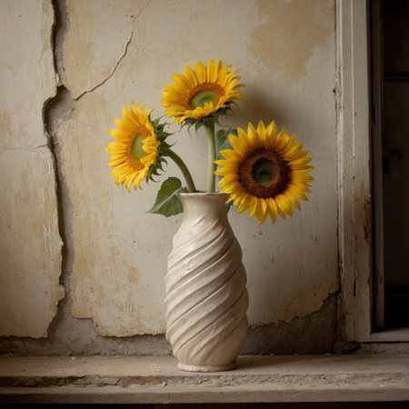 An arrangement of sunflowers in a vase, placed on a windowsill against a weathered wall.の素材