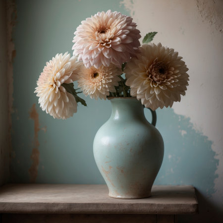 An arrangement of dahlias in a vase on an old cabinet, placed by a window against a peeling wall.の素材
