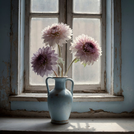 An arrangement of dahlias in a spiral vase on a windowsill, set against a blue weathered wall.の素材
