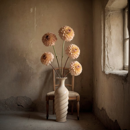 An arrangement of dahlias in a vase next to an old chair, by a window against a weathered wall.の素材