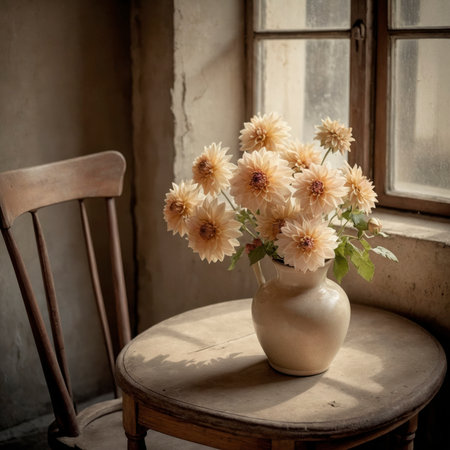 An arrangement of dahlias in a vase on an old table, placed by a window against a weathered wall.の素材