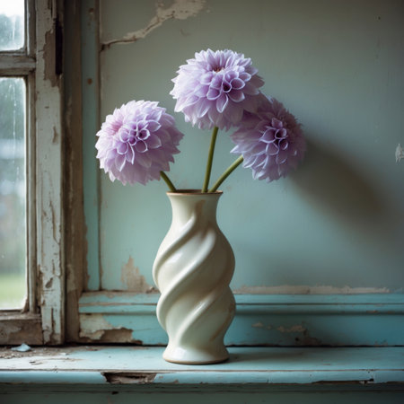 An arrangement of dahlias in a spiral vase on a windowsill, set against a blue weathered wall.の素材