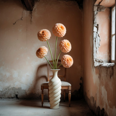 An arrangement of dahlias in a vase next to an old chair, by a window against a weathered wall.の素材