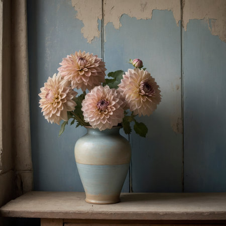 An arrangement of dahlias in a vase on an old table, placed by a window against a weathered wall.の素材