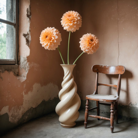 An arrangement of dahlias in a vase next to an old chair, by a window against a weathered wall.の素材