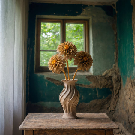 An arrangement of dahlias in a vase on an old table, placed by a window against a weathered wall.の素材