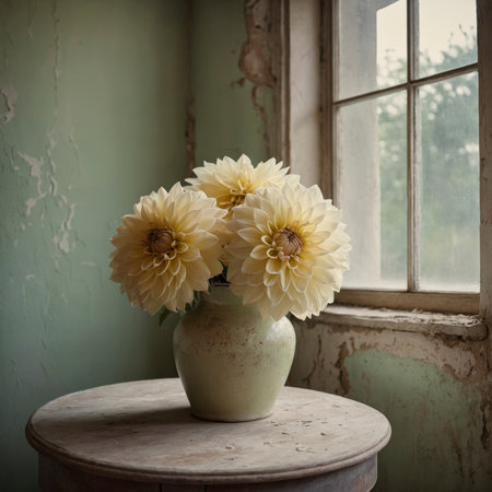 An arrangement of dahlias in a vase on an old table, placed by a window against a weathered wall.の素材