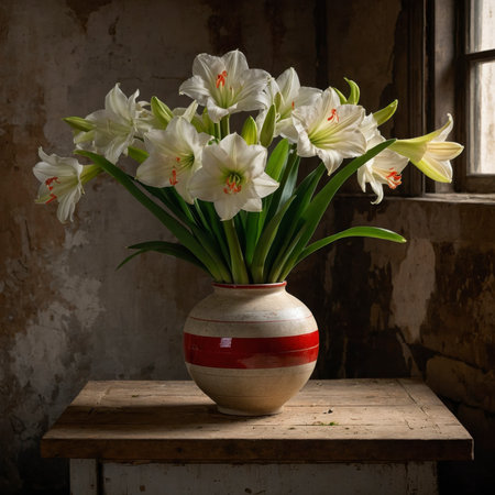 An arrangement of lilies in a vase on an old wooden table, placed by a window against a weathered wall.の素材