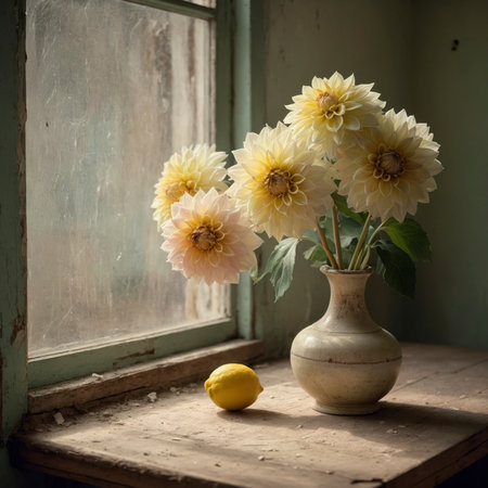 An arrangement of dahlias in a vase on an old table, placed by a window against a weathered wall.の素材
