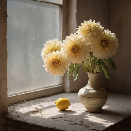 An arrangement of dahlias in a vase on an old table, placed by a window against a weathered wall.の素材