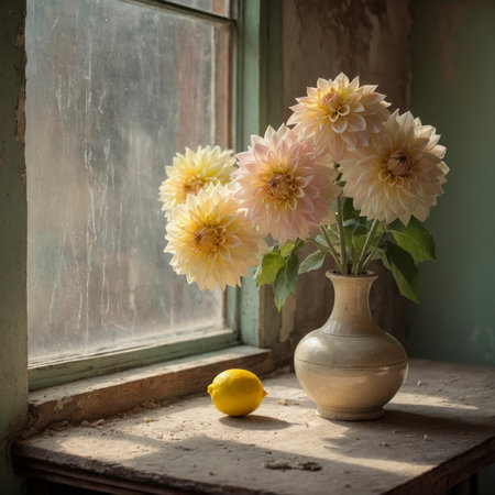An arrangement of dahlias in a vase on an old table, placed by a window against a weathered wall.の素材